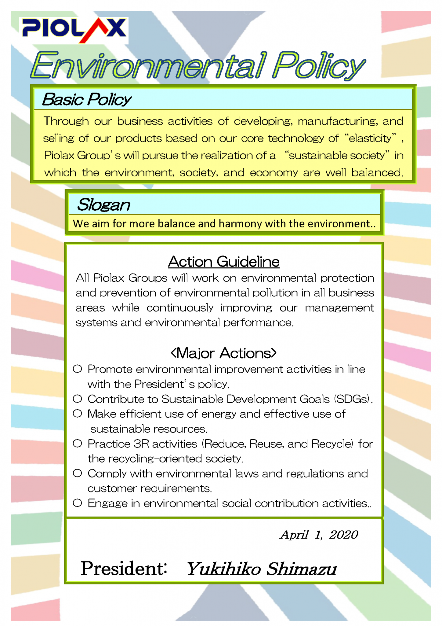 Environmental Policy PIOLAX, INC.